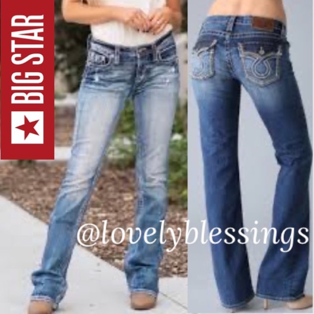 Big Star Maddie Style Embroidered Embellished Pockets Distressed Blue Jeans